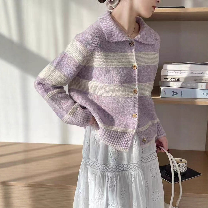 Ladies fashionable knitted cardigan with stylish stripes and wooden buttons Lune London