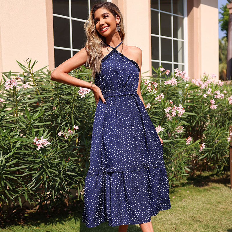 Maxi dress with polka dot neckline for women with ruffled skirt Lune London