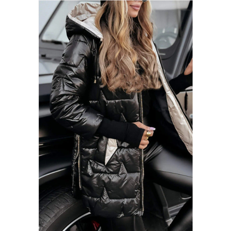 Ladies Longline down jacket with removable hood lining and side zip pockets Lune London