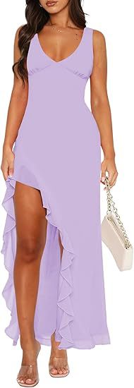 Women's maxi dress with asymmetric hem and ruffle details Lune London