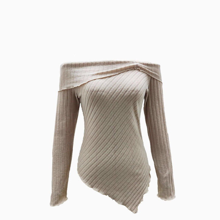 Women's ribbed knit top with Bardot neckline and Lune London decoration