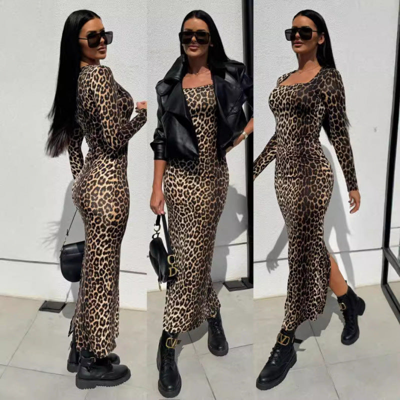 Chic Animal Print Long Sleeve Maxi Dress for Women