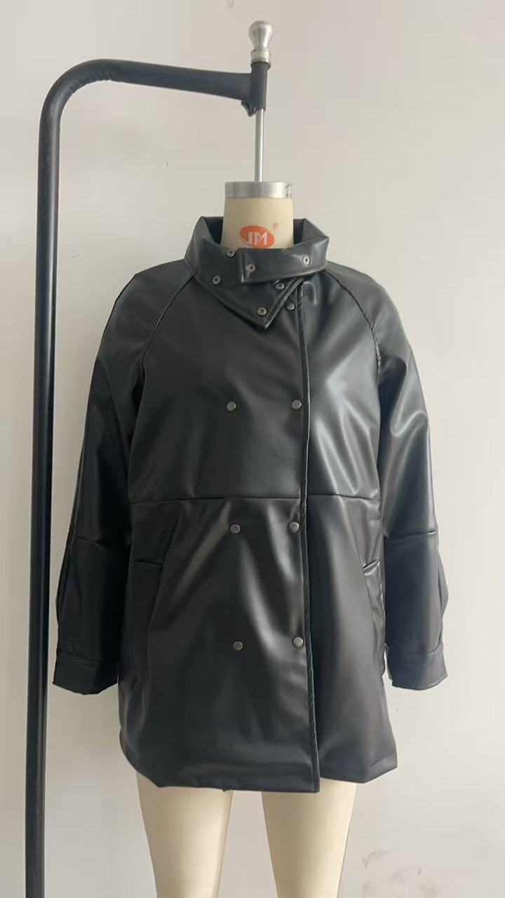 Faux leather jacket for women with high collar and practical pockets Lune London