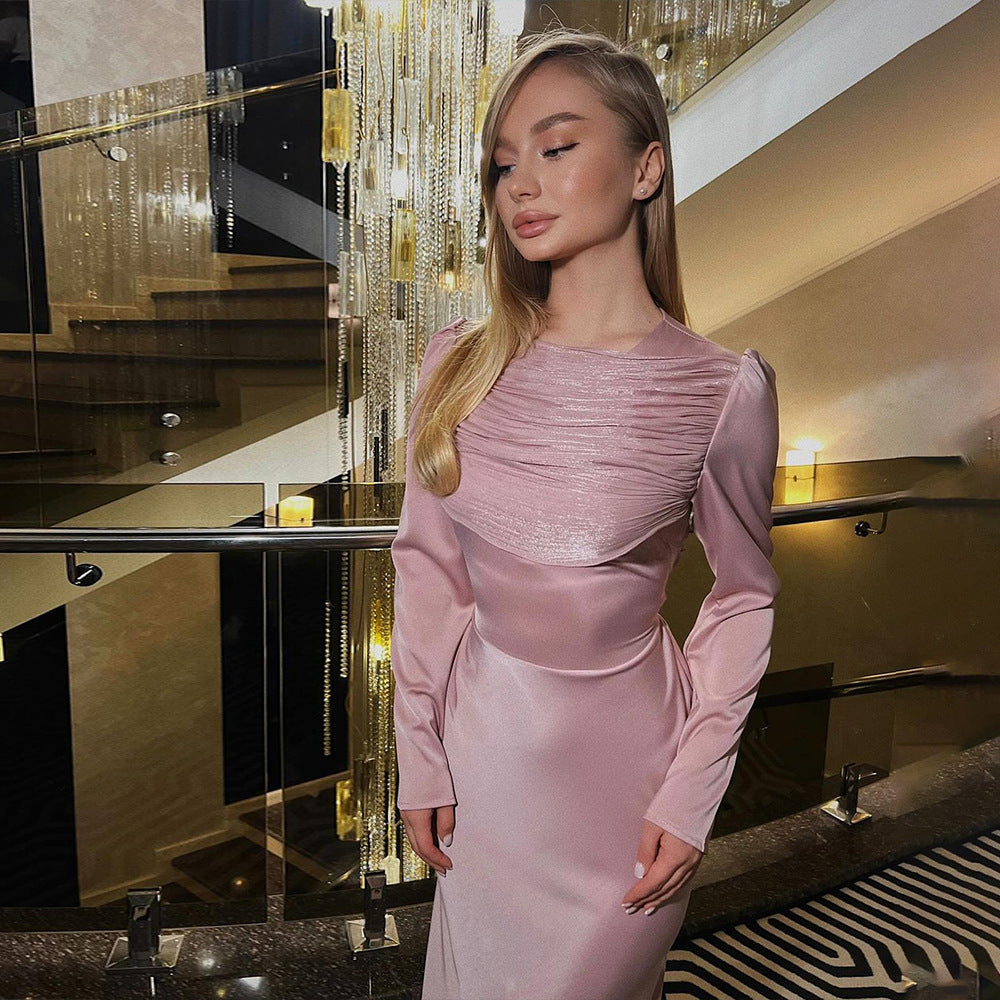 Ladies Elegant Maxi Dress with refined draping details and long sleeves Lune London