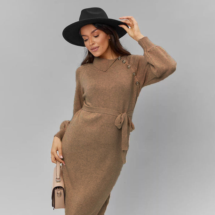 Knit dress for women with fitted belt and decorative button details Lune London