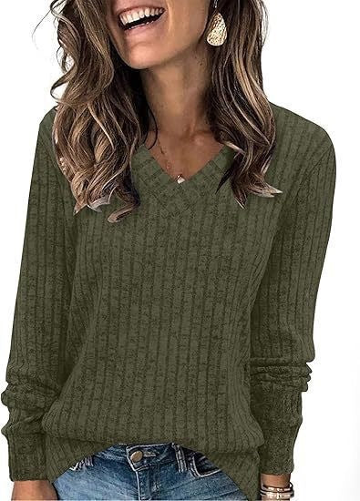 Knit sweater for women with V-neck and structured ribbed design Lune London