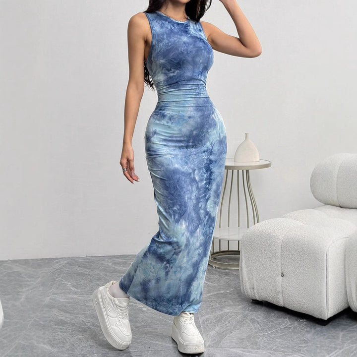 Maxi dress for women with refined batik pattern and fitted cut Lune London