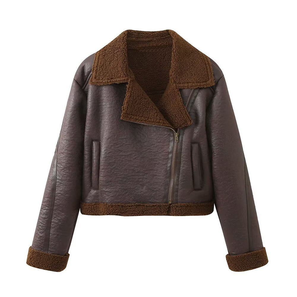 Casual biker jacket for women with a soft faux fur collar and practical pockets Lune London