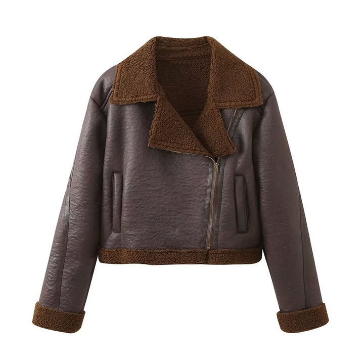 Casual biker jacket for women with a soft faux fur collar and practical pockets Lune London