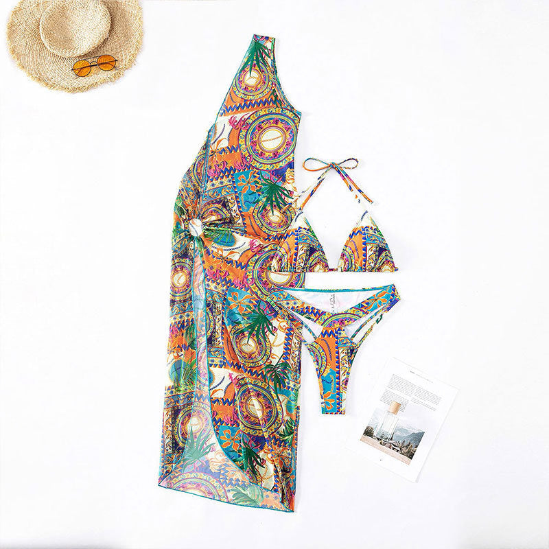Lune London women's vibrant patterned swimsuit set with sheer cover-up