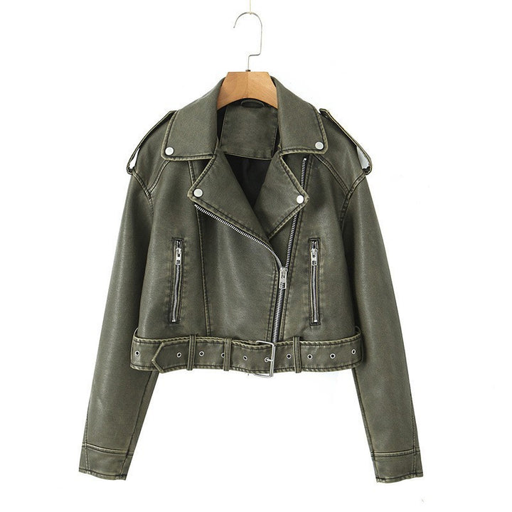 Faux leather biker jacket for women with belt Lune London