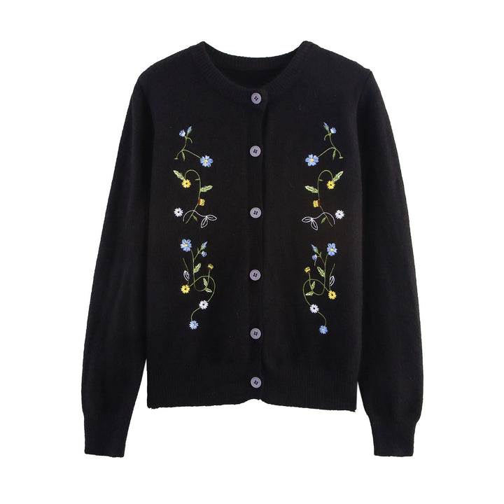 Knitted women's jacket with embroidered floral design and decorative buttons Lune London
