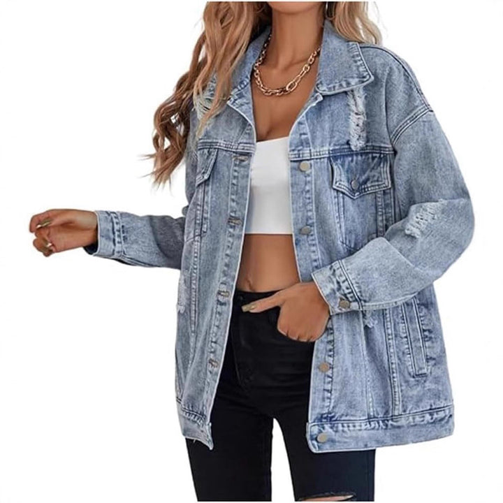 Casual oversized denim jacket for women with distressed details and high-quality metal buttons Lune London
