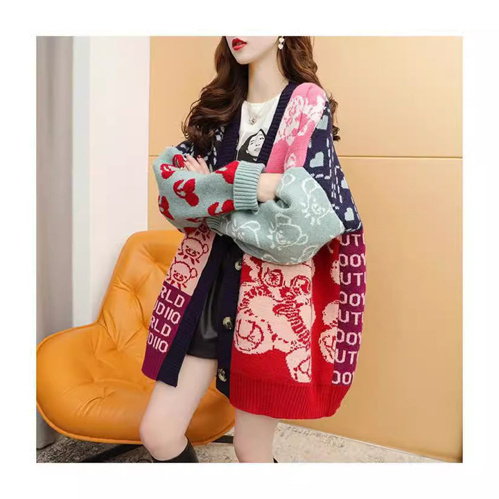Knitted jacket for women with a vibrant pattern and practical button details Lune London