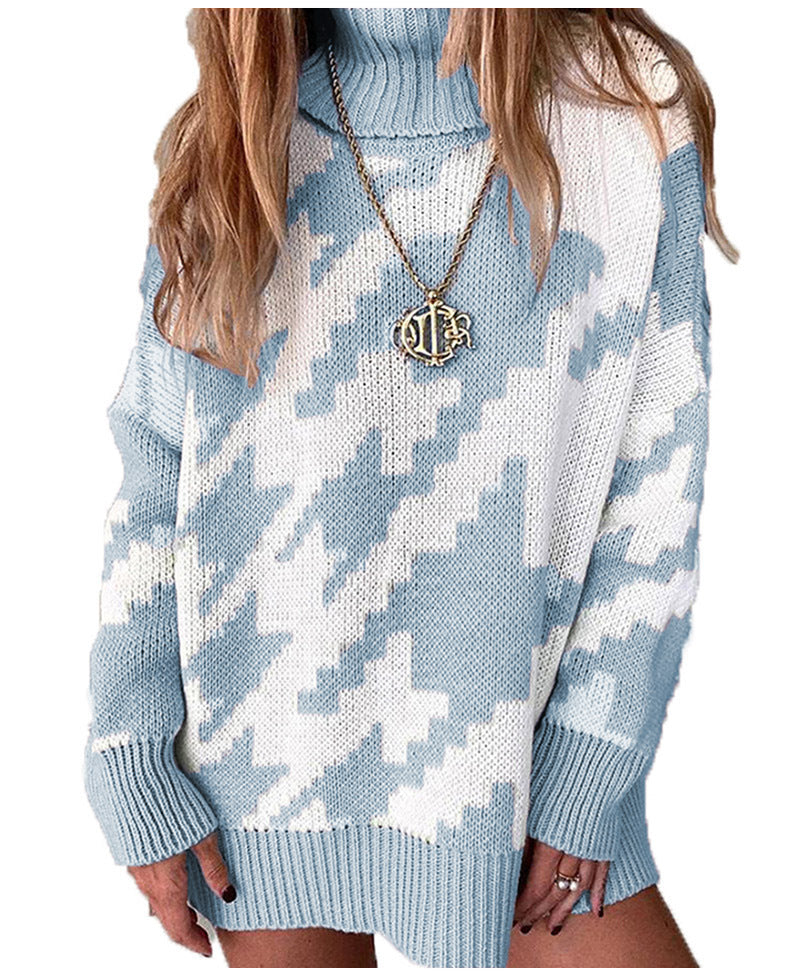 Thick knit sweater for women with a high collar and modern geometric pattern Lune London