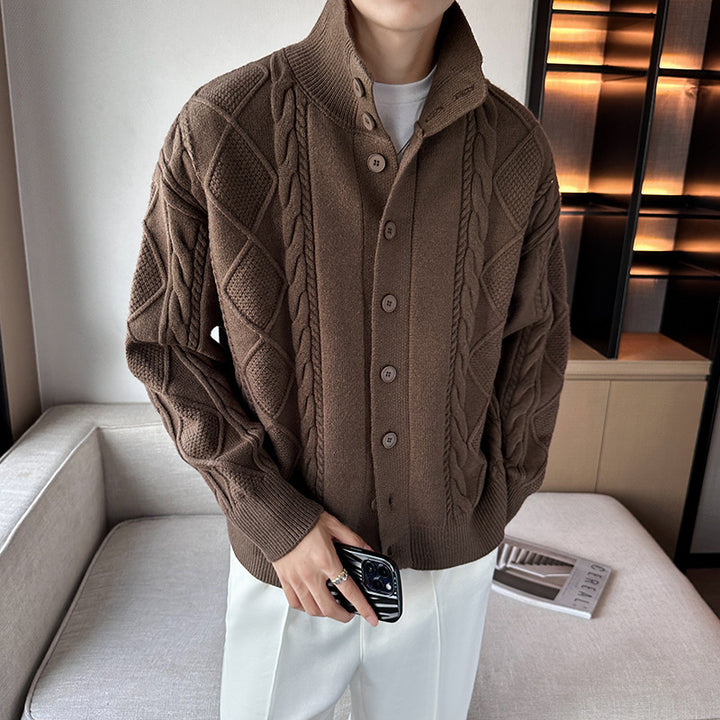 Chunky knit sweater for men with modern high collar and button placket Lune London
