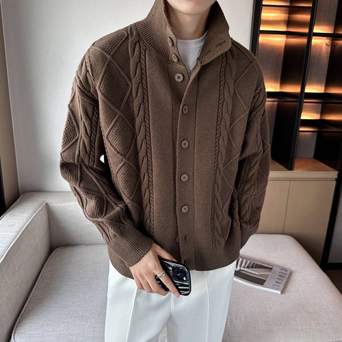 Chunky knit sweater for men with modern high collar and button placket Lune London