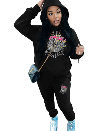 Women's hoodie and jogger pants set with a unique spiderweb design Lune London