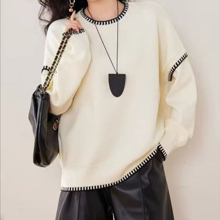 Pull en tricot décontracté pour femmes avec ourlet contrasté et manches douces Chic & Stil