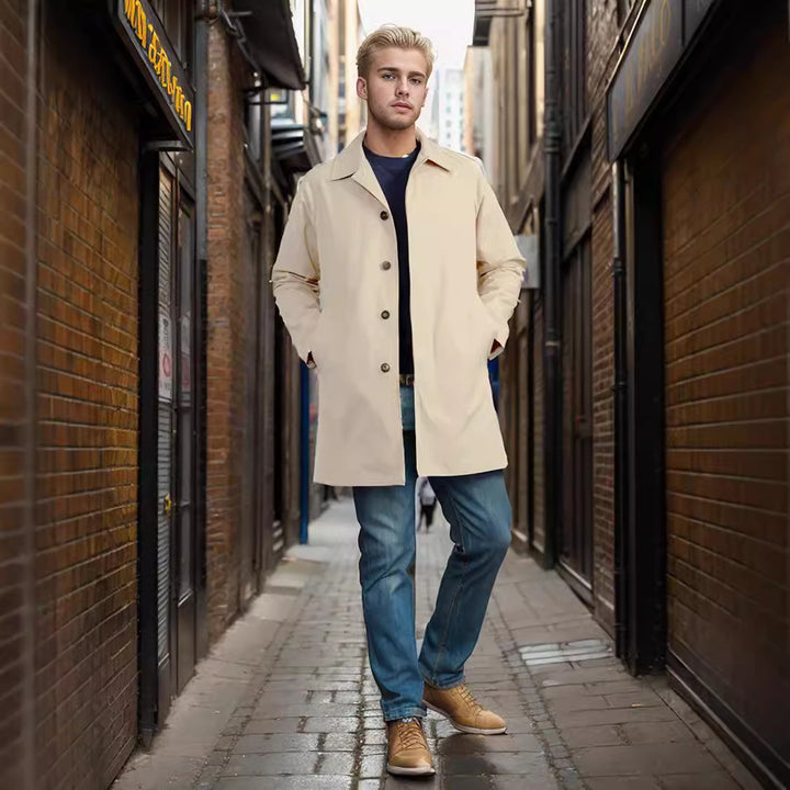 Lightweight transitional jacket for men with a minimalist design featuring practical buttons and large pockets Lune London