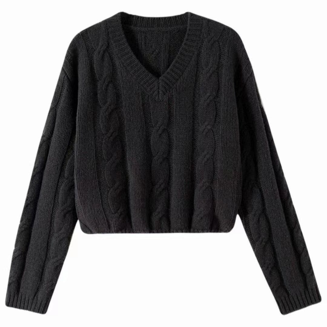 Pull tricoté pour femmes avec motif en tresse et col en V Chic & Stil