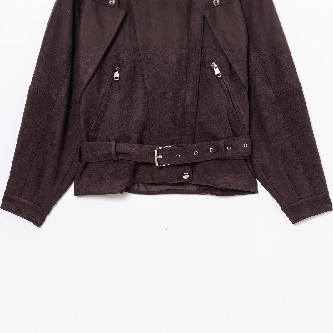 Suede jacket for women with belt at the waist and asymmetrical zipper Lune London