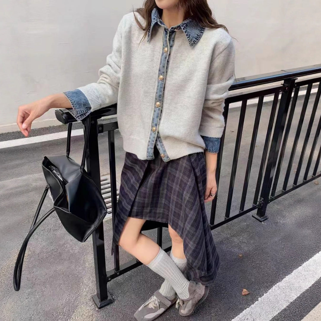 Chemise overshirt décontractée pour femmes avec un col en denim inhabituel et des détails de boutons Chic & Stil