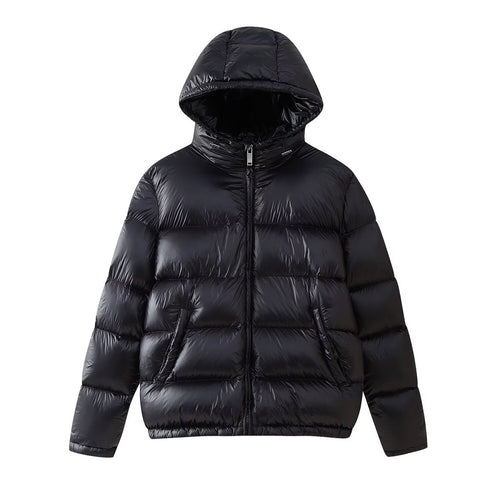 Ladies quilted winter down jacket with hood and practical entry pockets Lune London
