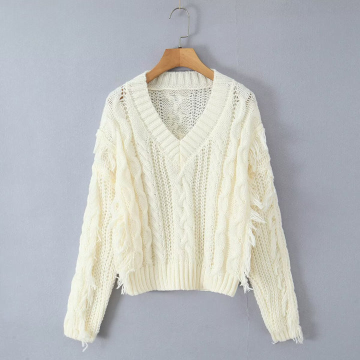 Pull en maille épaisse pour femme avec décolleté en V profond et franges Chic & Stil
