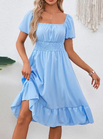 Square-necked smocked A-line dress for women with ruffled hem Lune London
