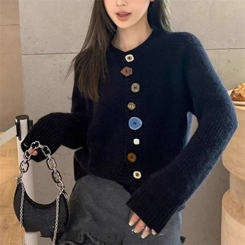 Knitted jacket for women with colorful button details and a high collar Lune London