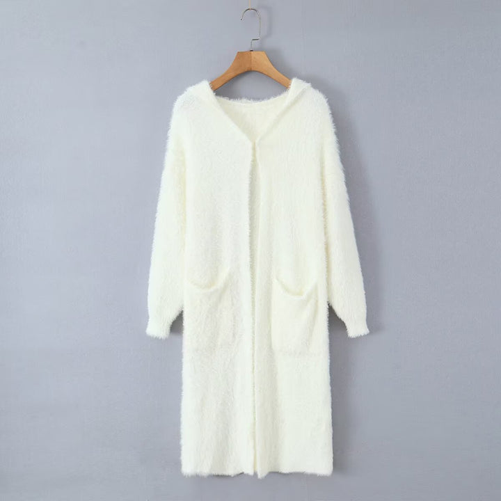 Manteau long en tricot confortable pour femmes avec capuche et poches pratiques