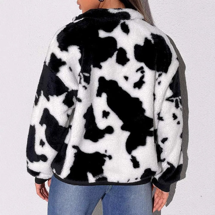 Ladies polar fleece sweater with mid-high collar and rustic cow pattern Lune London