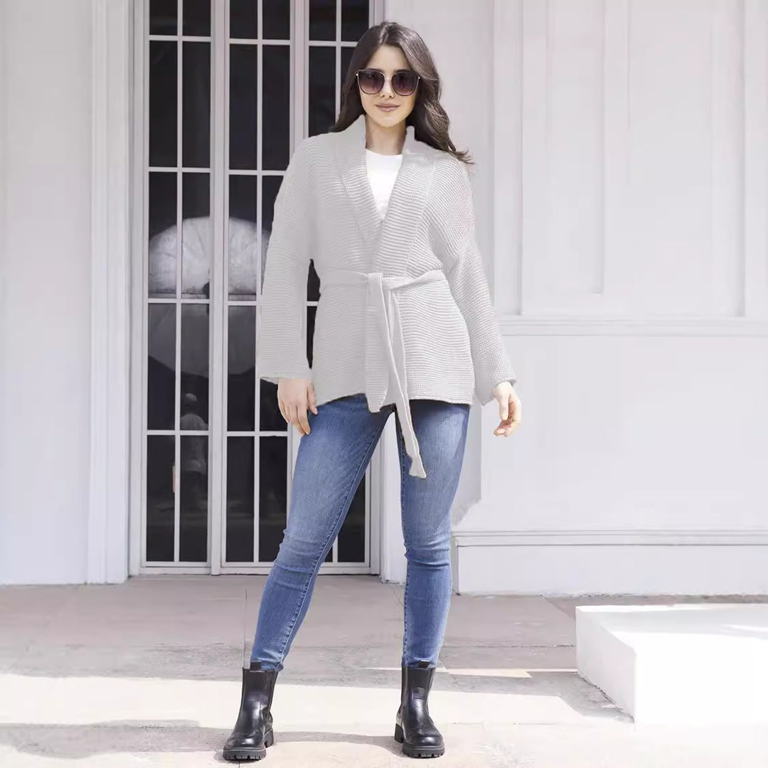 Casual knitted cardigan for women with a waist belt and shoulder seams Lune London
