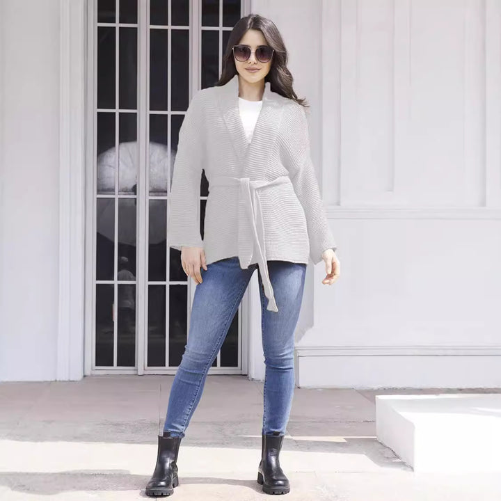 Casual knitted cardigan for women with a waist belt and shoulder seams Lune London