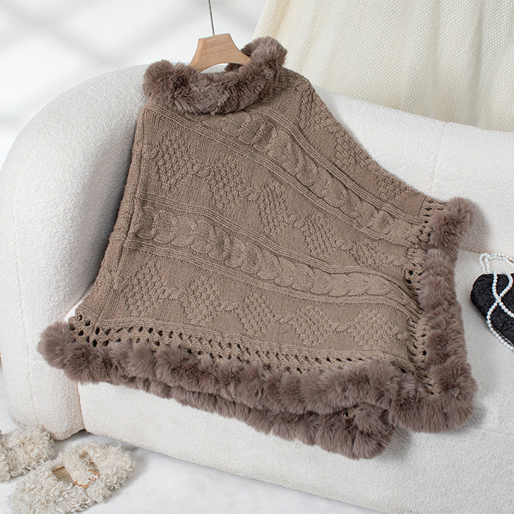 Ladies cozy knit poncho with plush velvet trim Lune London