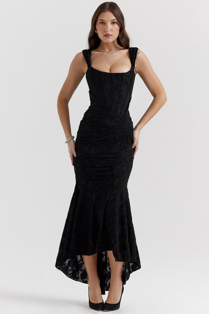 Elegant Boat Neck Maxi Dress for Women with Floral Texture and Chic Asymmetric Hem