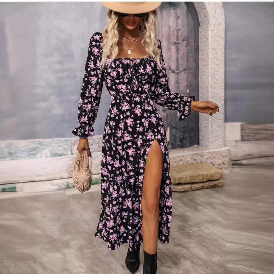 Maxi dress for women with deep slit and floral design Lune London