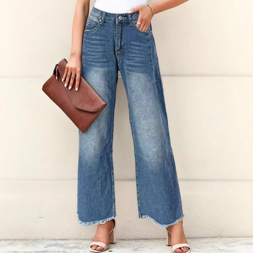 Women wide denim jeans with creative pattern and frayed hem Lune London