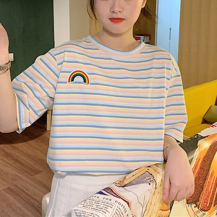 Women's striped T-shirt with colorful rainbow patch Lune London