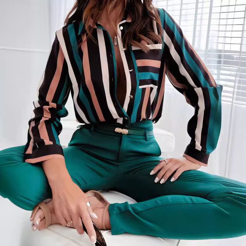 Striped button-up shirt for women with contrasting pockets Lune London