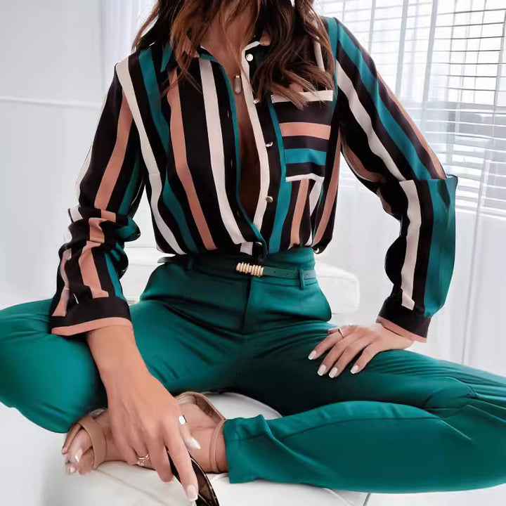 Striped button-up shirt for women with contrasting pockets Lune London