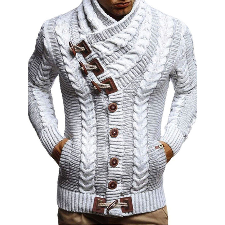 Men's chunky knit jacket with creative shawl collar and button details Lune London