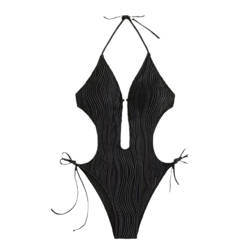 One-piece swimsuit for women with side ties and a deep V-neck Lune London