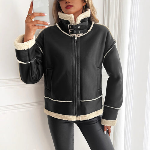 Stylish faux leather jacket for women with sheepskin collar Lune London