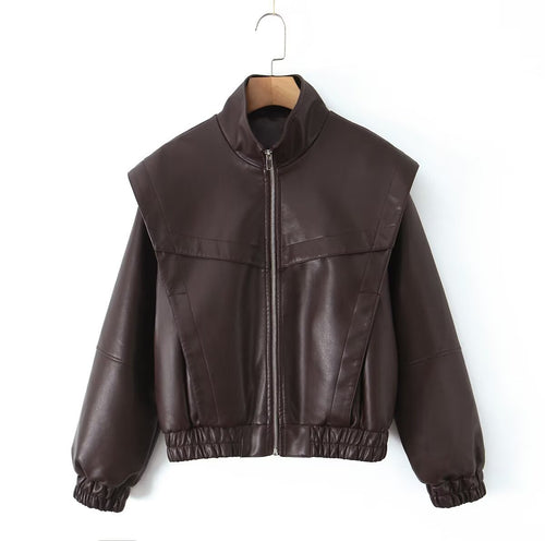 Ladies stylish faux leather jacket with high collar and elastic hem Lune London