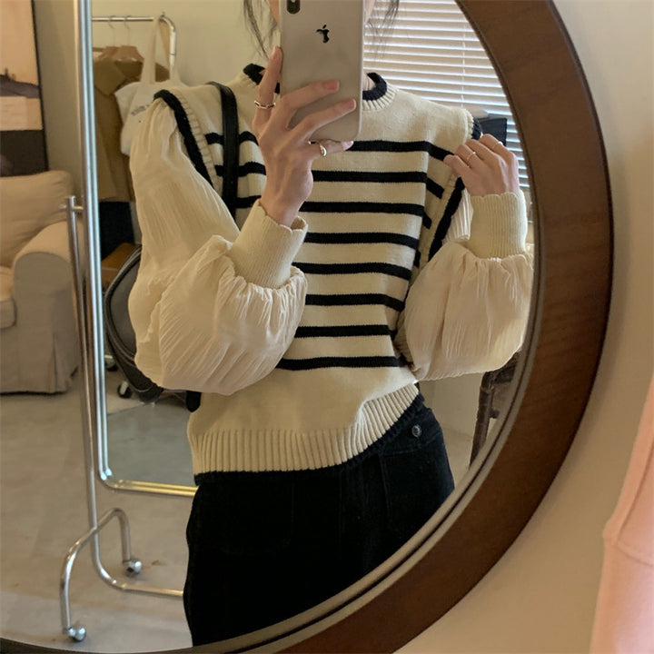Pull rayé pour femmes avec manches bouffantes et détails côtelés Chic & Stil