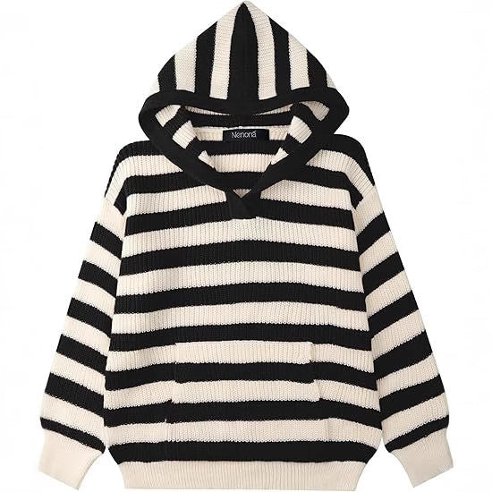 Ladies Comfortable Knitted Sweater with Hood and Striped Pattern Lune London