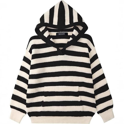 Ladies Comfortable Knitted Sweater with Hood and Striped Pattern Lune London