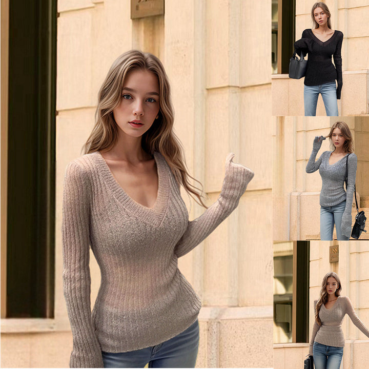 Knit sweater for women with plunging V-neck and long sleeves Lune London